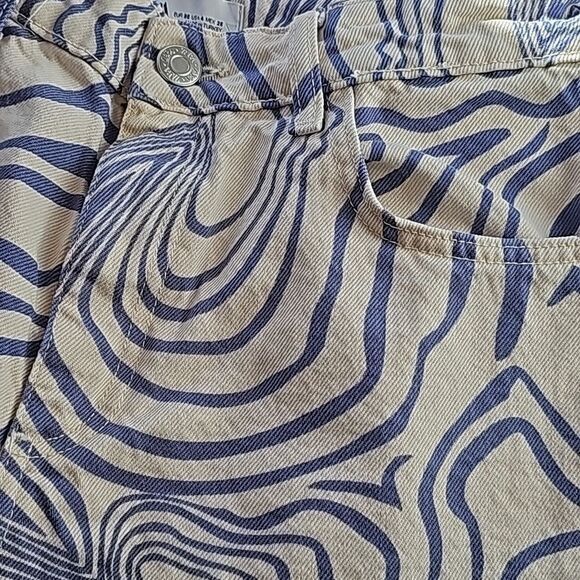 Zara -027 Blue Cream Wavy Squiggle Printed High Rise Straight Fit Jeans - Size 4 - Picture 5 of 5